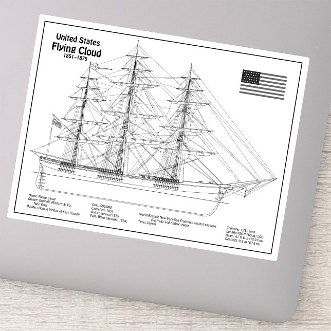 Adesivo Navio Clipper Flying Cloud - Planta do Navio BD (Clipper Ship Flying Cloud - Ship Blueprint BD. Sticker)