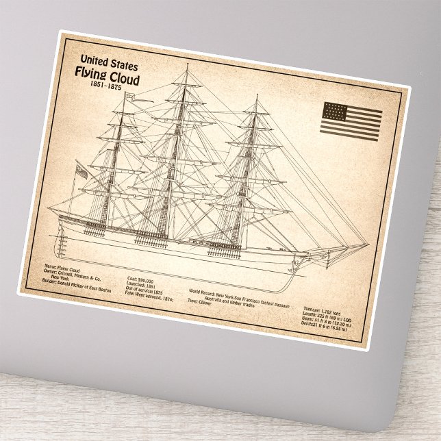 Adesivo Navio Clipper Flying Cloud - Planta do Navio SD (Clipper Ship Flying Cloud - Ship Blueprint SD. Sticker)
