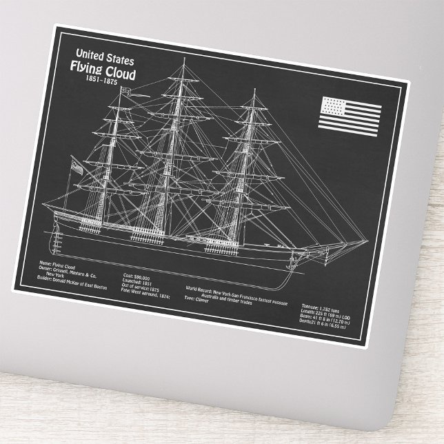 Adesivo Navio Clipper Flying Cloud - Projeto do Navio PD (Clipper Ship Flying Cloud - Ship Blueprint PD. Sticker)