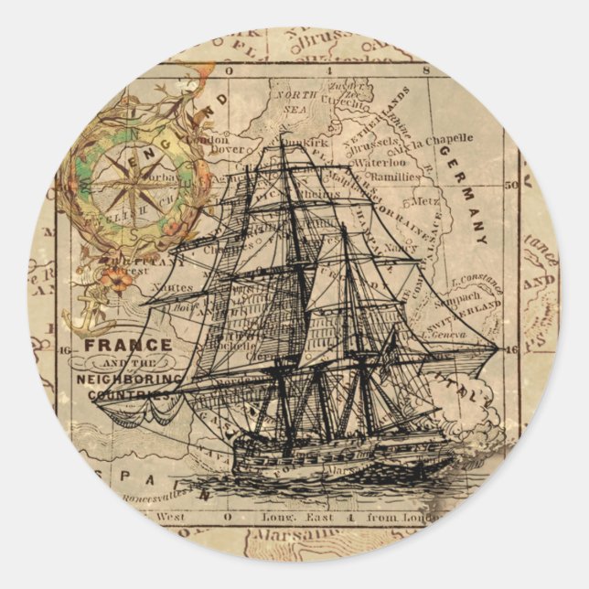 Adesivo Navio Vintage e velho mapa europeu (Frente)