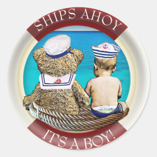 Adesivo Navios Ahoy, é um menino, tema náutico do chá d