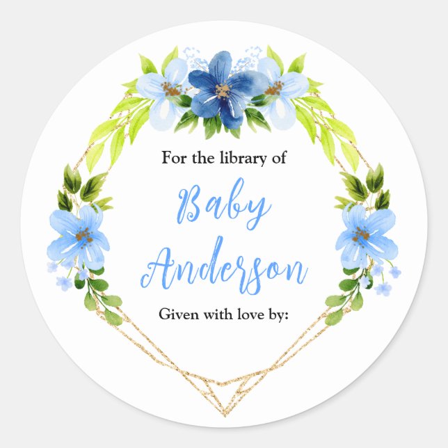 Adesivo Navy and Baby Blue Floral Baby Shower Bookplate (Frente)