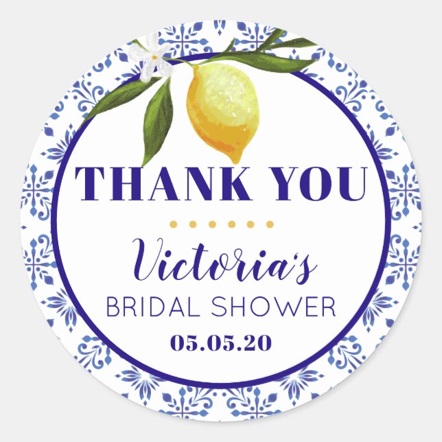 Adesivo Navy Blue and Lemon bridal shower round sticker (Frente)