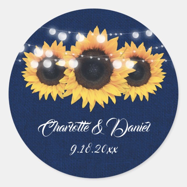 Adesivo Navy Blue Burlap String Lights Sunflower Wedding (Frente)