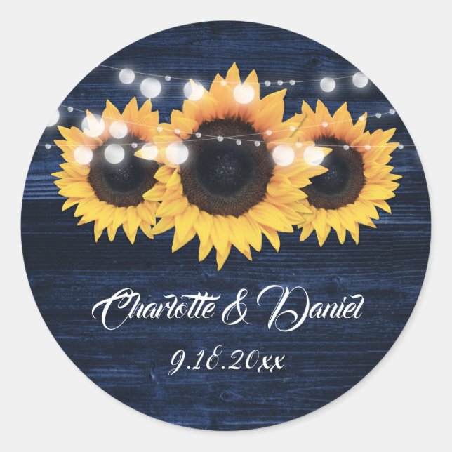 Adesivo Navy Blue Wood String Lights Sunflower Wedding (Frente)