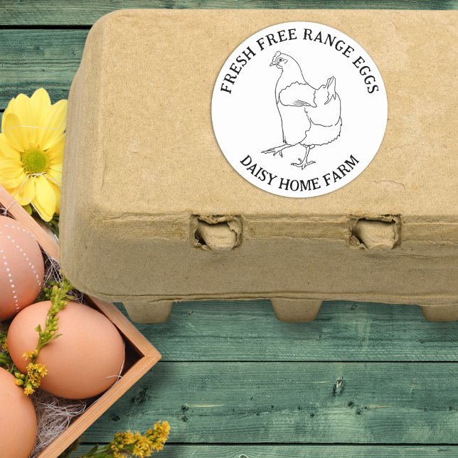 Adesivo Negócios de ovos frescos (Fresh free range chicken eggs custom sticker with simple hen line drawing )