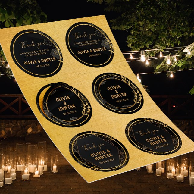 Adesivo Negra Clássica e Casamento Floral Dourado Obrigado (Black and Gold floral wedding round stickers)