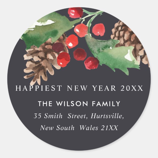 ADESIVO NEGRO VERDE HOLLY BERRY PINE CONE ANO NOVO ENDEREÇ (Frente)