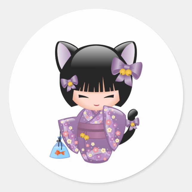 Adesivo Neko Kokeshi Doll - Cat Ears Geisha Girl (Frente)