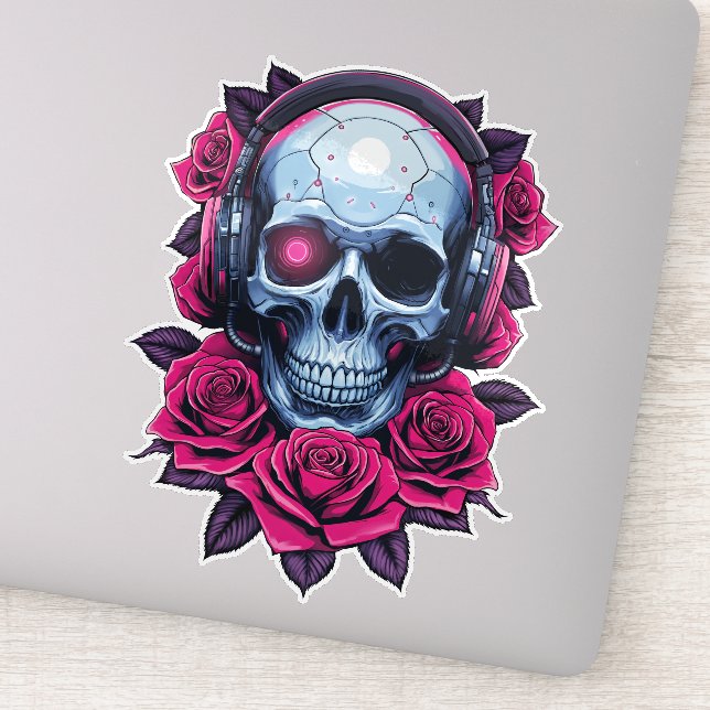 Adesivo Neon Cyber Death Skull e Rosa Sticker (Detalhe)