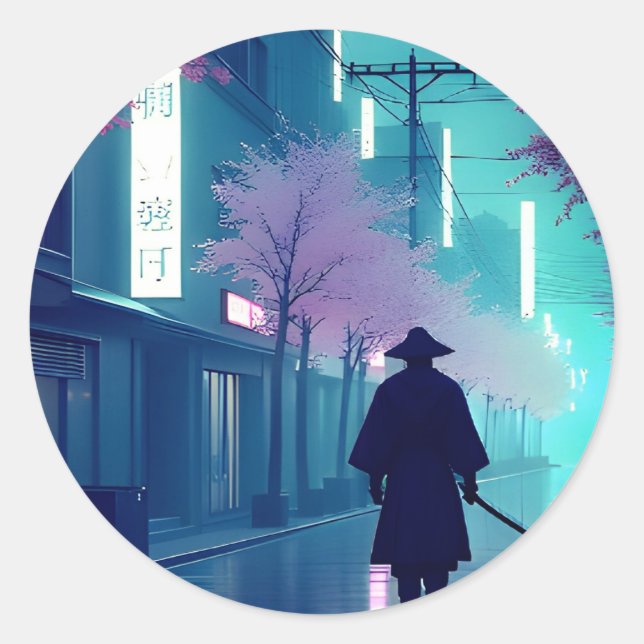 Adesivo Neon Samurai Sticker – Retro Anime Cyberpunk Tokyo (Frente)