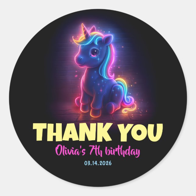 Adesivo Neon Unicorn Aniversário Obrigado (Frente)