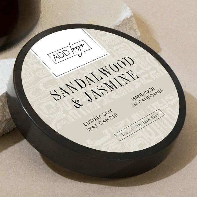 Adesivo Neutral Beige Boho Logo Candle Jar Lid (Earthy neutral design round product labels with your custom logo and abstract boho background)