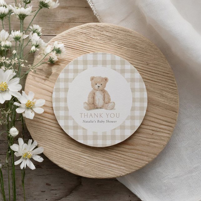 Adesivo Neutral Gingham Teddy Bear Baby Shower (Criador carregado)