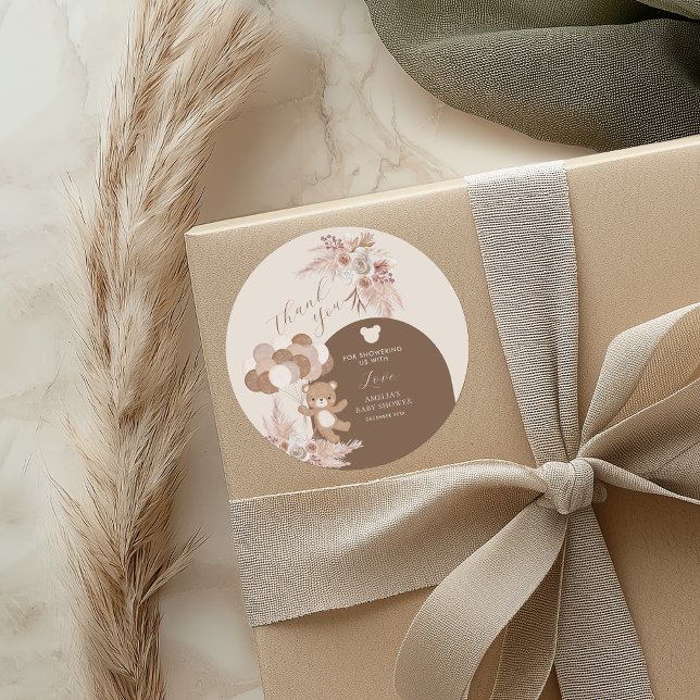 Adesivo Neutral Teddy Balloon Floral Baby Shower Thank You (Criador carregado)