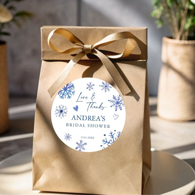 Adesivo Neve em flocos de neve de amor no inverno, lembran (Snow in love dusty blue snowflakes winter bridal shower thank you favor sticker)