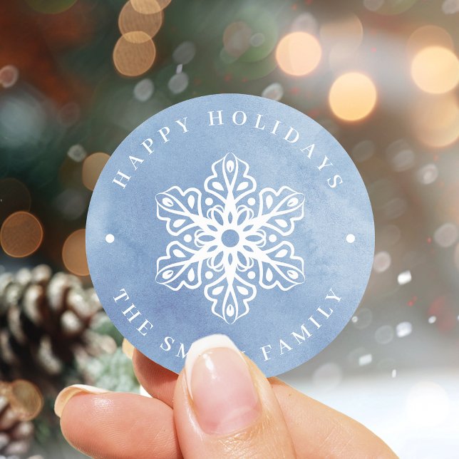 Adesivo Neve Floco de Neve Azul Natal Artístico (Artistic Watercolor Snowflake blue Christmas Classic Round Sticker)