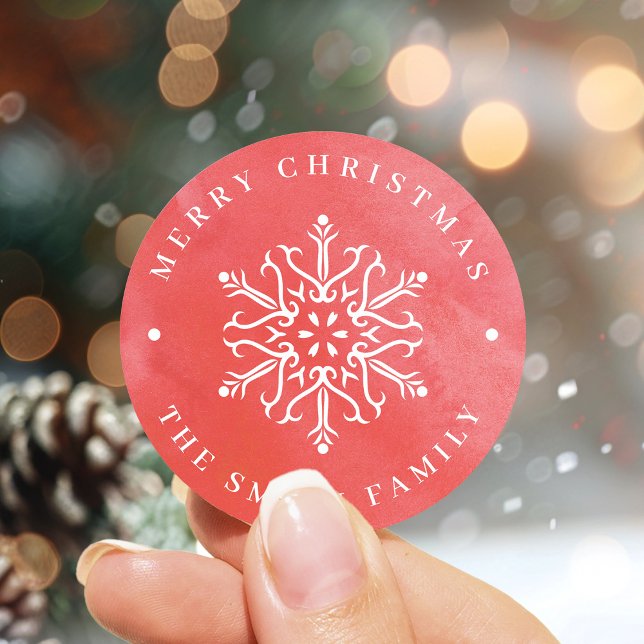 Adesivo Neve Floco de Neve Vermelho Natal (Artistic Watercolor Snowflake Red Christmas Classic Round Sticker)