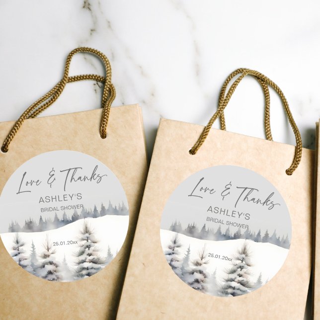 Adesivo Neve no favor de casamento de inverno (Snow in love winter pines bridal shower thank you favor sticker watercolor snowy pines winter themed)