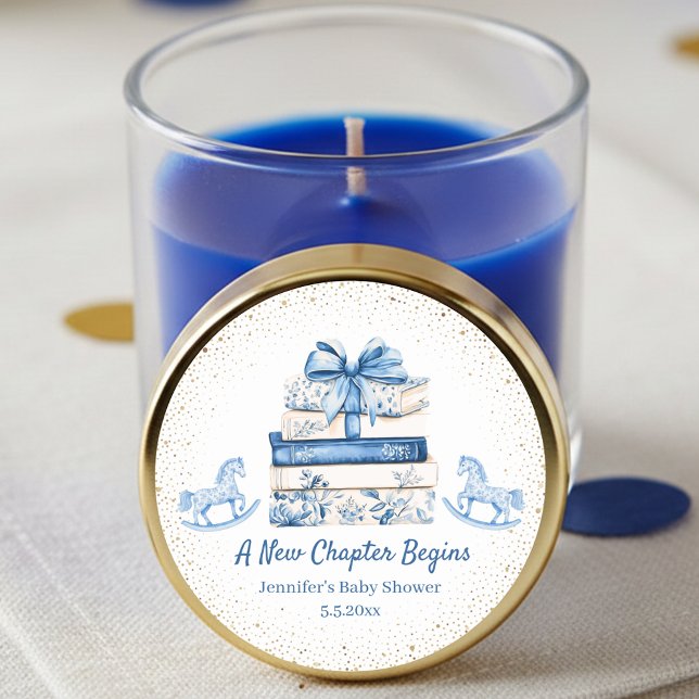 Adesivo new chapter begins,blue bow books baby shower chic (Criador carregado)