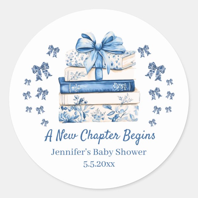 Adesivo new chapter begins,blue bow books baby shower cute (Frente)
