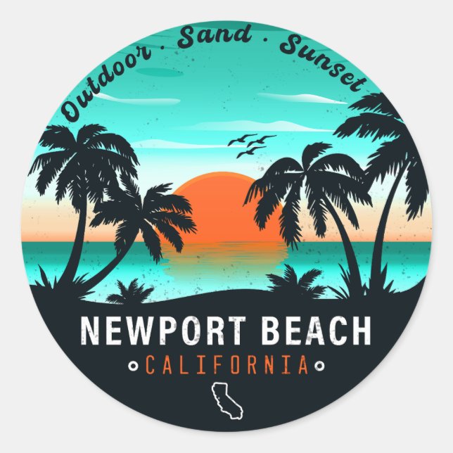 Adesivo Newport Beach California Retro Sunset Vacation 80s (Frente)