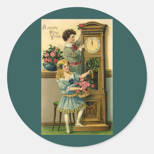 Adesivo Noite de Ano Novo Vintage Vitoriana Crianças e Rel (Frente)