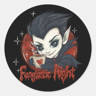 Adesivo Noite fantástica. Vampiro bonito com uma xícara de