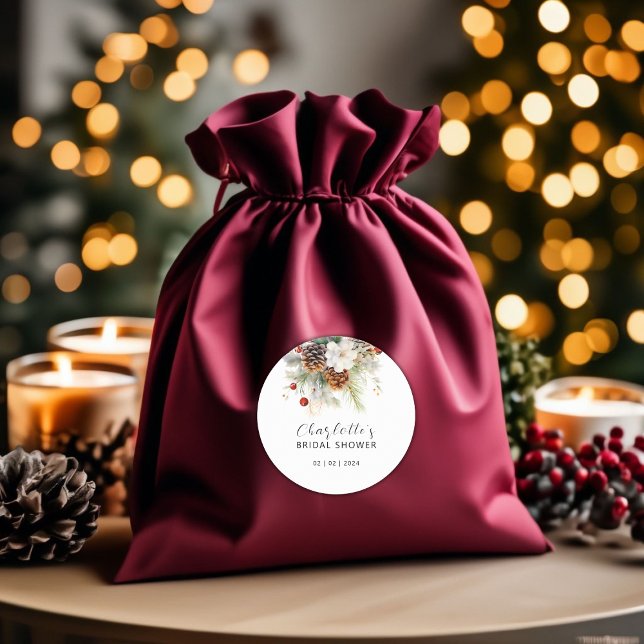 Adesivo Noiva de Sempre-Verde de Inverno Elegante e Frutas (Winter Evergreen and Rowan Berries Bridal Classic Round Sticker)