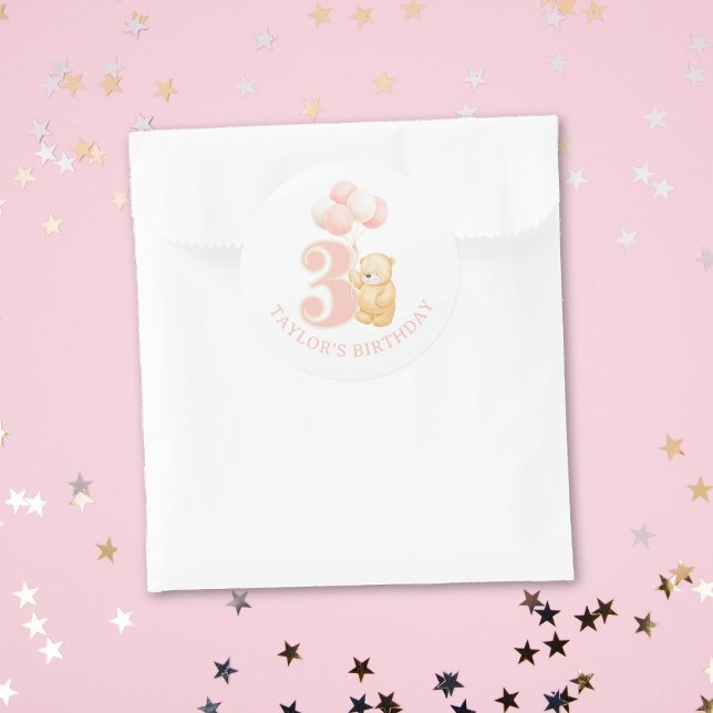Adesivo Noivado de 3 anos, cor-de-rosa (Cute Stickers for birthday girl turning 3 years old, happy birthday personalized stickers for girl)
