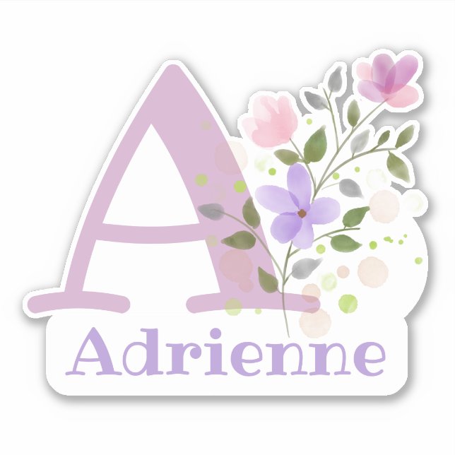 Adesivo Nome Adrienne e inicial com Floral Design (Frente)