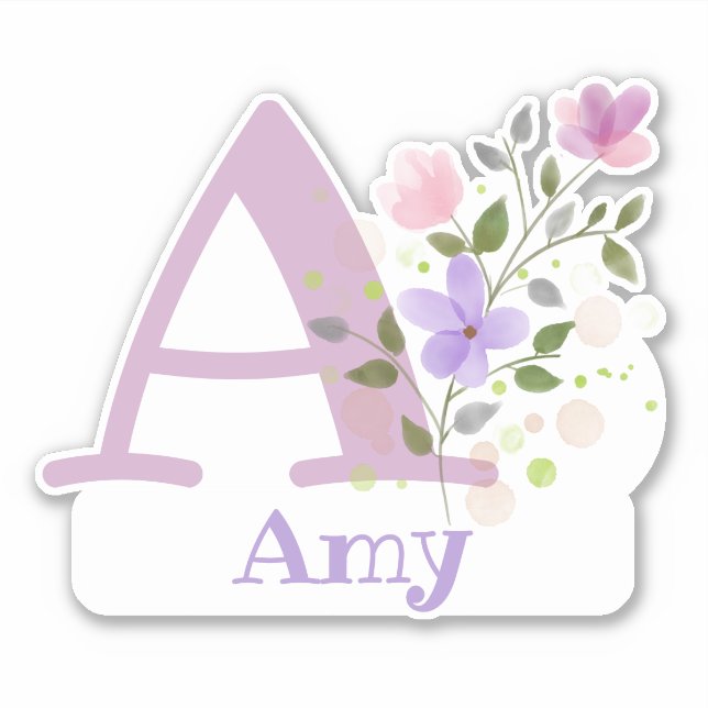 Adesivo Nome Amy e Inicial com Desenho Floral (Frente)