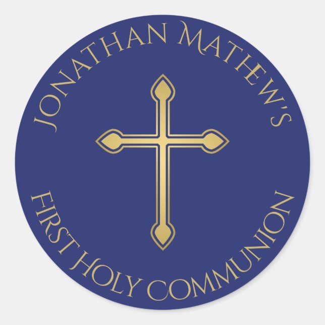 Adesivo Nome Azul da Primeira Comunhão Dourada Cruzada Mon (Frente)
