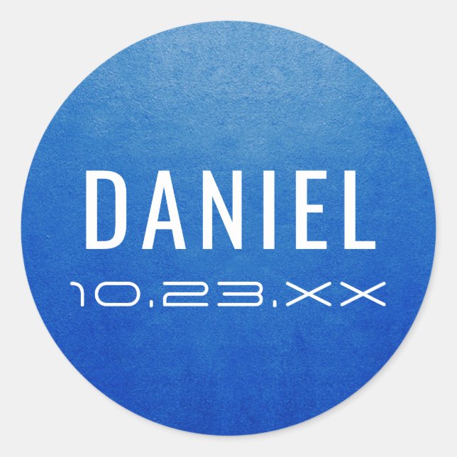 Adesivo Nome Azul Moderno Data Mitzvah Aniversário Favor (Frente)