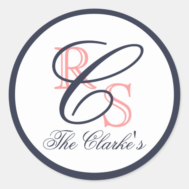 Adesivo Nome Casado Monograma, Pêssego, Azul Marinho (Frente)