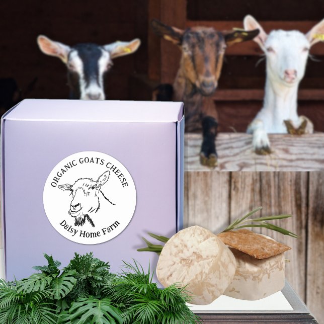 Adesivo Nome comercial do queijo de cabra preto e branco (Goats cheese business name black and white custom product label. Simple goat drawing farm produce )