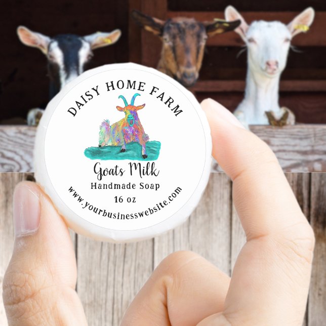 Adesivo Nome Comercial e Sítio Web do Goats Milk Soap (Goats milk handmade soap smal business name website produce label with funny screaming goat colorful)