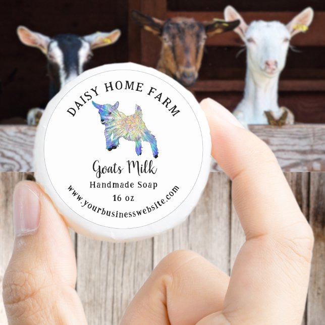 Adesivo Nome Comercial e Sítio Web do Goats Milk Soap (Goats milk handmade soap custom business name and website product labels cute colorful baby goat art)