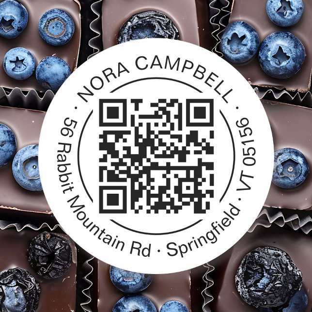 Adesivo Nome comercial moderno Retornar Endereço Redondo C (Modern, elegant, black and white business name and QR code round sticker with circle frame.)