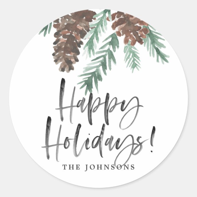 Adesivo Nome da Família de Feriados Felizes Pinecone Water (Frente)