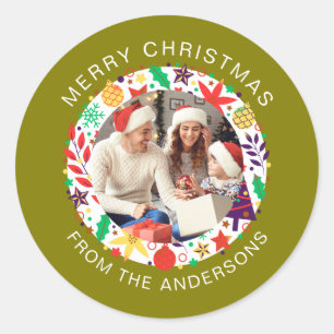 Adesivo Nome da Família de Fotos de Natal Redonda Simples