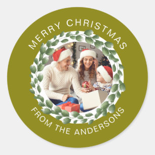 Adesivo Nome da Família de Fotos de Natal Redonda Simples