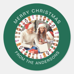 Adesivo Nome da Família de Fotos de Natal Redonda Simples