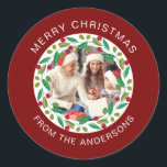 Adesivo Nome da Família Floral Christmas Wreath Photo<br><div class="desc">Nome da Família Floral Christmas Wreath Photo</div>