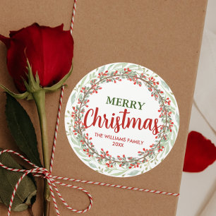 Adesivo Nome da família Merry Christmas Flower Wreath