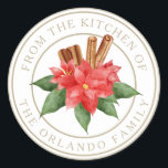 Adesivo Nome da família moderna Red Floral White Christmas<br><div class="desc">Vinheta redonda Red Floral White de Natal Clássica</div>