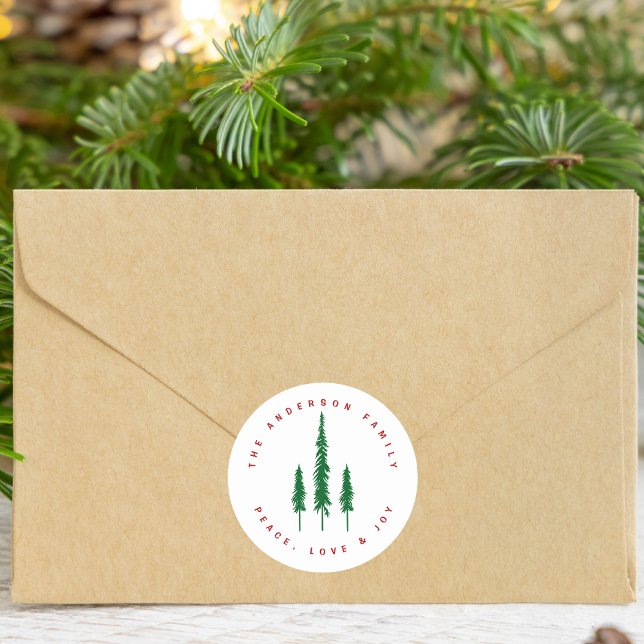 Adesivo Nome da família Pine Trees Envelope de Natal (Enhance your Christmas mailings with this striking minimalist pine tree envelope seal. Get it today!)