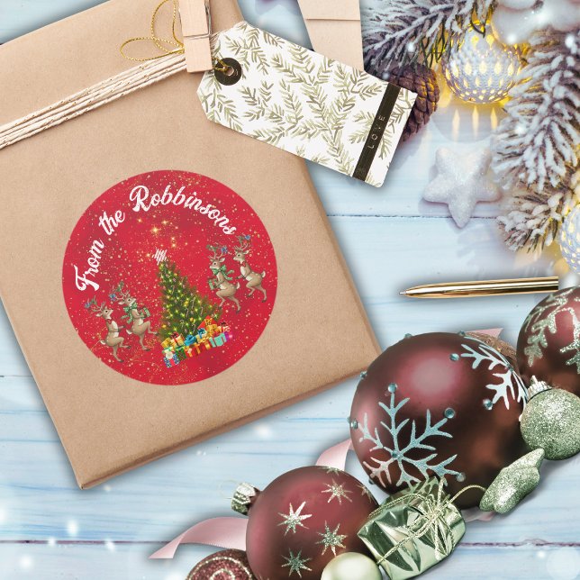 Adesivo Nome da família Red Whimsical Marching Reindeer (Criador carregado)