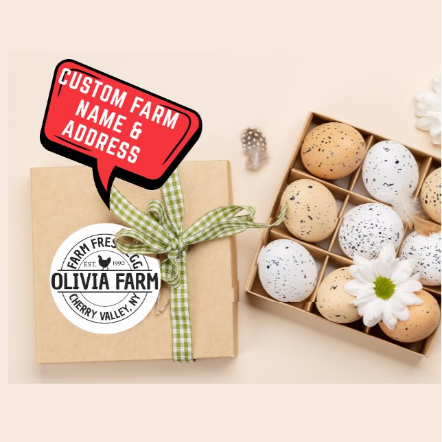 Adesivo Nome da Fazenda Personalizada Moderna Endereço do  (Modern custom farm name with date round sticker.)