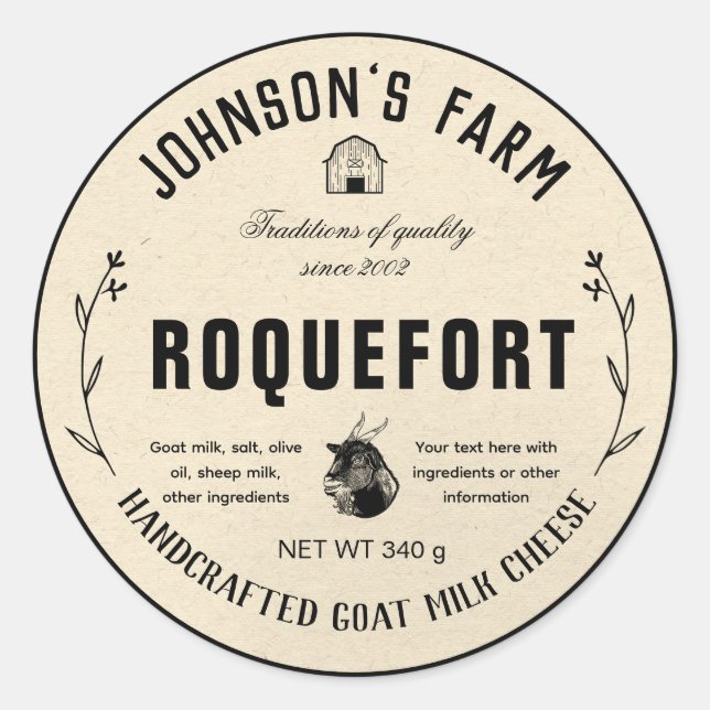 Adesivo Nome da fazenda | Rua | Queijo de leite de cabra | (Frente)